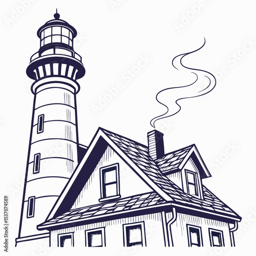 Lighthouse keeper's house and beacon, coastal scene illustration