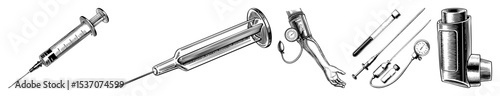 Vector Vintage medical instruments including syringes blood pressure monitor and specimen containers are illustrated in a detailed engraving style.