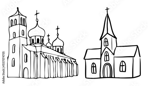 Vector Distinct church illustrations showcase architectural styles with domes and spires.
