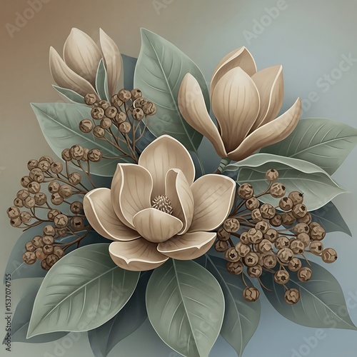 Vintage-style botanical illustration with beige magnolia flowers, dried berries, and soft green leaves in a neutral earthy palette