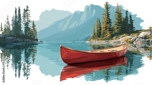 The image is a digital painting depicting a red canoe resting on a calm mountain lake. The lake's surface reflects the surrounding landscape, including a mountain range and coniferous trees.