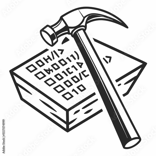Hammer striking binary code wooden block construction