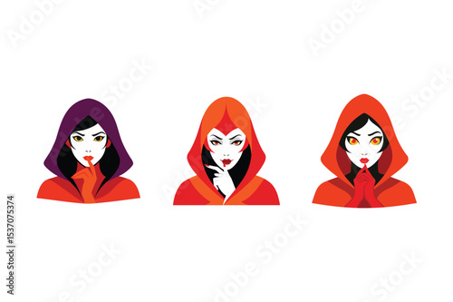 Enigmatic Hooded Women with Glowing Eyes and Blood Red Lips  Mysterious Vampire or Sorceress Portraits