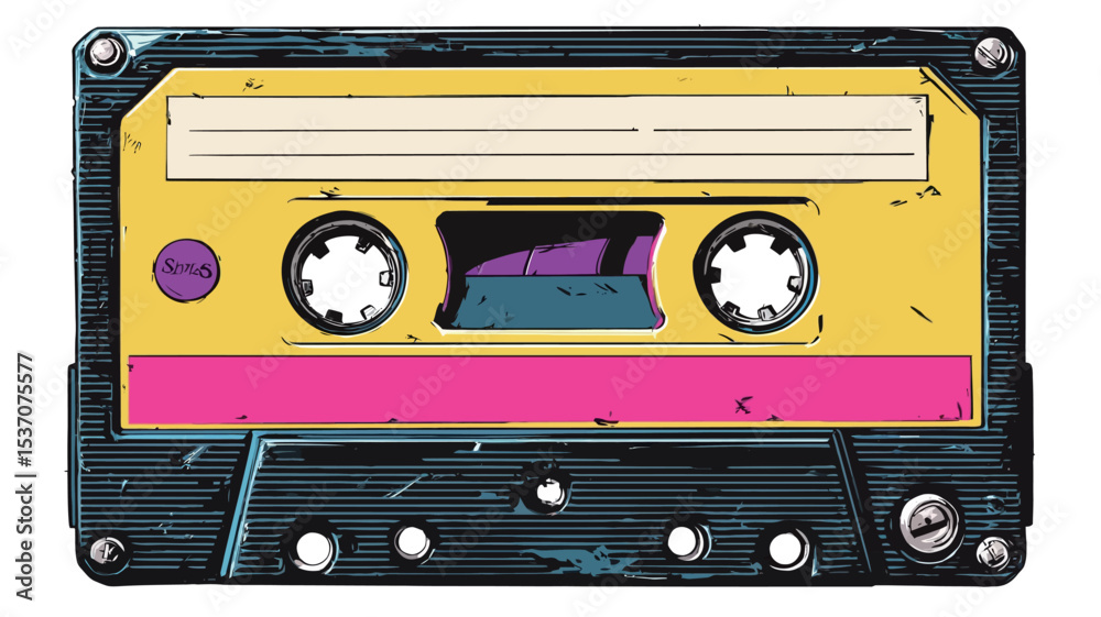 Naklejka premium A close-up shot of a stylized illustration of a vintage audio cassette tape. The cassette is predominantly yellow with pink accents, exhibiting a grunge or distressed texture effect.