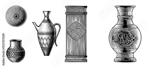 Vector Antique ceramic vessels and a cylindrical column are presented as detailed engravings.