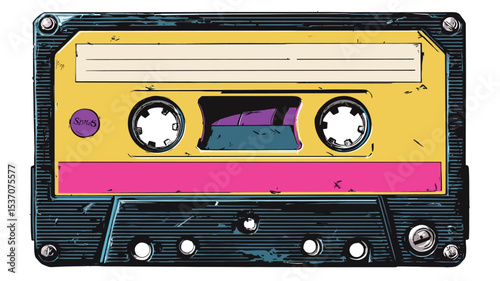 A close-up shot of a stylized illustration of a vintage audio cassette tape. The cassette is predominantly yellow with pink accents, exhibiting a grunge or distressed texture effect.