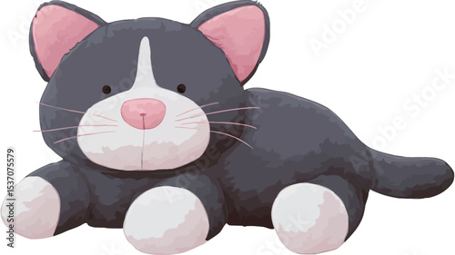 Digital illustration of a plush cat toy. The cat is predominantly gray with white accents on its chest, paws, and face. It has pink inner ears and nose. The style is cartoonish and friendly,