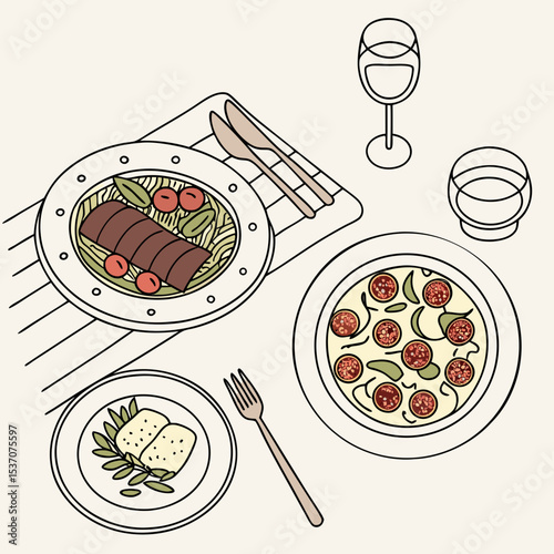 Delicious italian dinner tabletop view isolated illustration