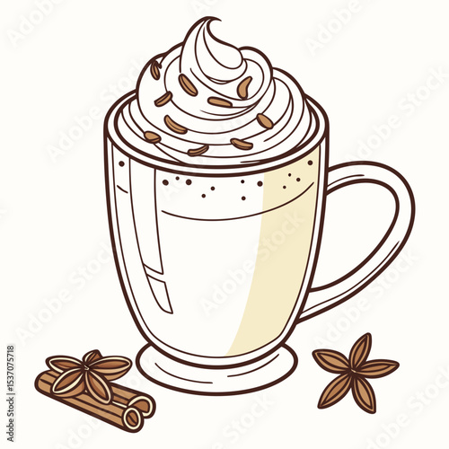 Delicious creamy spiced latte coffee drink with cinnamon and star anise