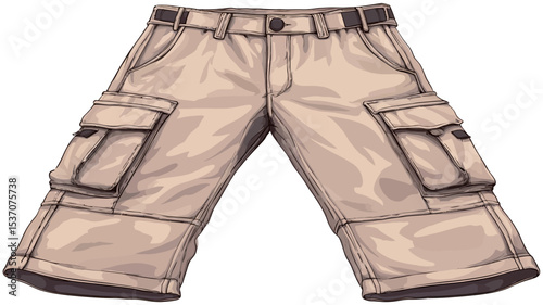 A vector illustration of a pair of khaki cargo shorts. The shorts are shown front and center against a white background. They are light beige or khaki in color and feature multiple cargo pockets on
