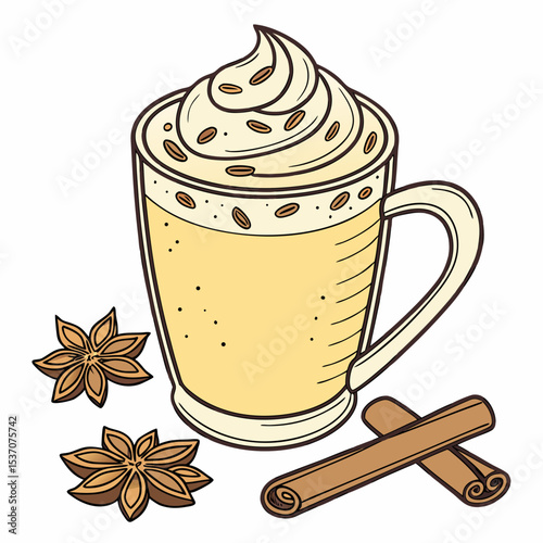 Delicious spiced latte whipped cream cinnamon star anise