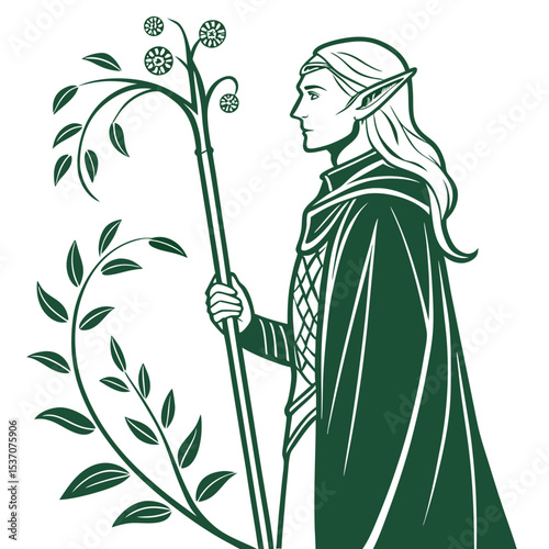 Elegant elf with staff and floral branch, green design