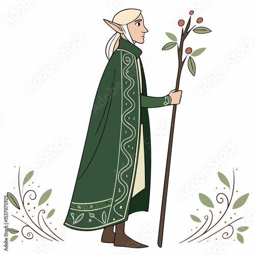 Elegant elf mage with staff, isolated illustration, transparent background