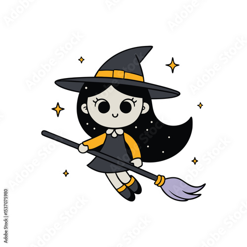 Adorable Little Witch on Her Magical Broomstick Soaring Through Starry Skies  Whimsical Halloween Adventure