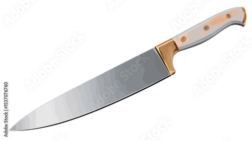 A high-angle, close-up studio shot of a large chef's knife against a white background. The knife features a long, slender stainless steel blade with a subtle textured finish. The handle is made of