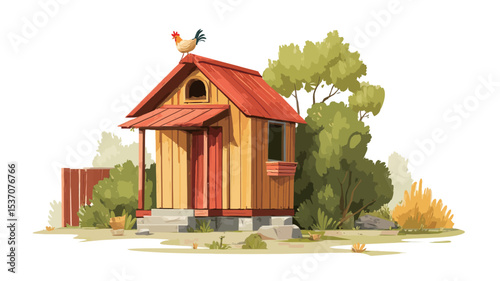 Digital illustration of a small, yellow wooden chicken coop with a red roof. A rooster is perched atop the roof. The coop sits on a stone base and is surrounded by greenery, including bushes,