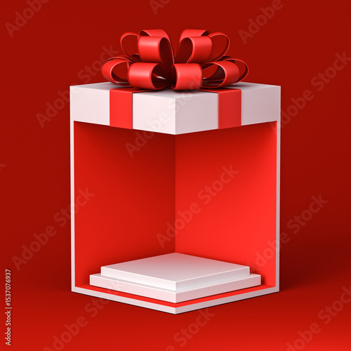 Blank white squares podium pedestals in exhibition booth gift box corner product display mockup showcase stand with red ribbon bow isolated on dark red background creative conceptual idea 3D rendering