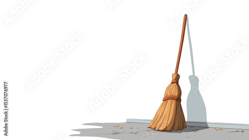 A digital illustration of a straw broom leaning against a white wall. The broom is depicted with a long, thin, light brown wooden handle and a bundle of straw bristles tied together near the top of