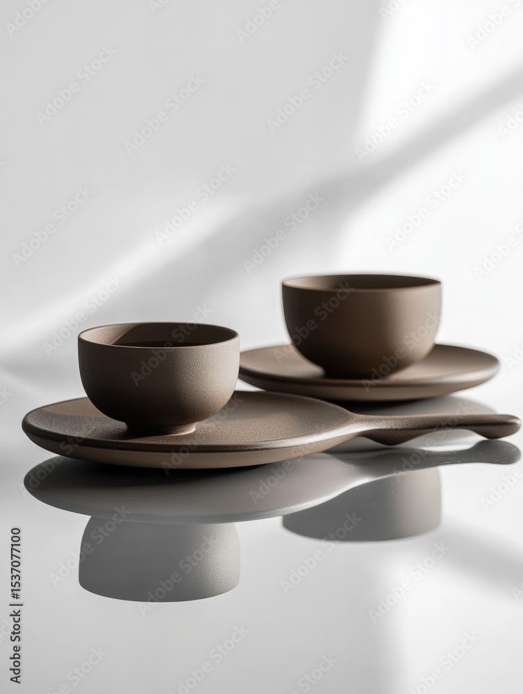 Fototapeta premium Minimalist ceramic cups and saucers elegantly arranged on a reflective surface with soft shadows