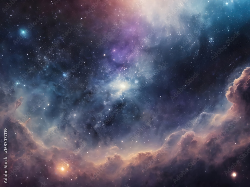 Fototapeta premium A majestic space scene showing a glowing galactic core rising above layers of soft cosmic clouds.