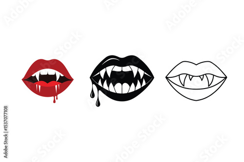 Vampire Lips with Dripping Blood and Fangs  Iconic Halloween Symbol in Color, Silhouette, and Line Art
