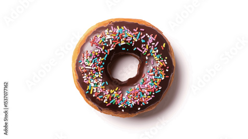 High-angle, close-up view of a single chocolate-glazed donut covered in colorful sprinkles. The donut is presented on a pure white background, isolated from any other elements. 
