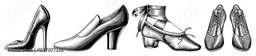 Vector Elegant footwear collection showcases heels boots and dress shoes in a vintage style.