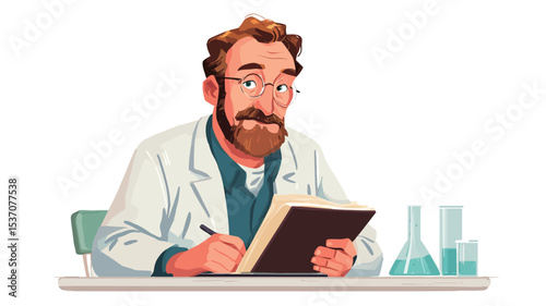 A digital illustration depicting a middle-aged man with a beard and glasses, wearing a white lab coat. He is seated at a table, holding a dark-colored notebook and writing in it with a pen.