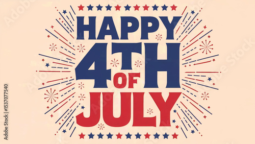 Happy 4th of july festive typography design with fireworks and stars