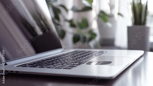 Sleek Laptop with Webcam Cover Sticker in Modern Workspace Surrounded by Greenery and Natural Light for Professional Use