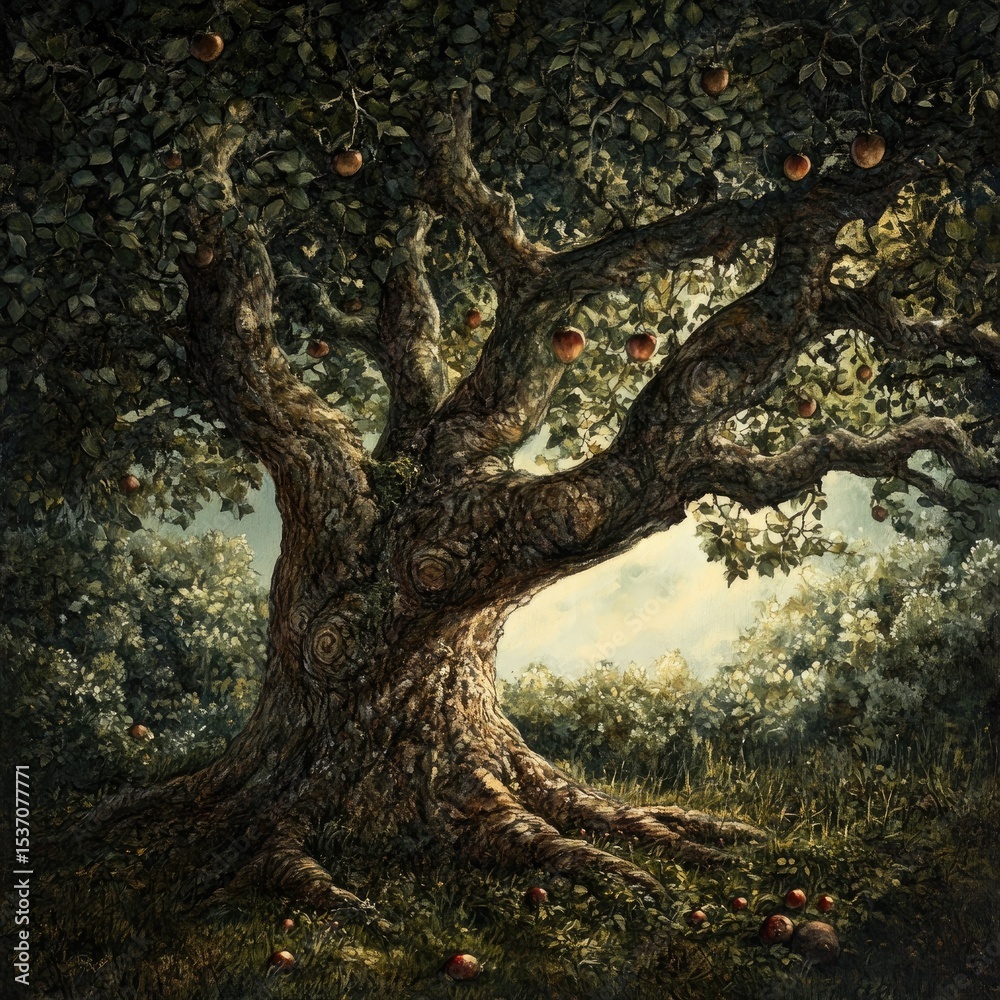 Obraz premium Lush, ancient apple tree with abundant fruit
