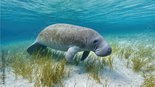 Manatee swimming underwater in clear sea with seagrass