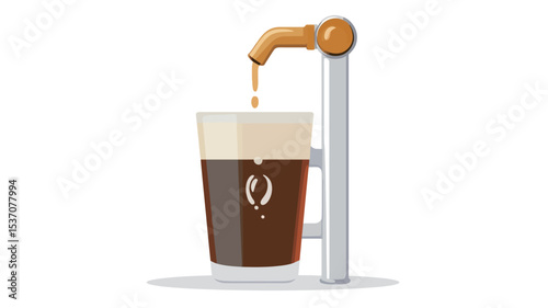 A vector illustration depicting a dark beer being poured from a tap into a pint glass. The beer is dark brown with a creamy light brown head. The tap is metallic with an orange handle. The glass is