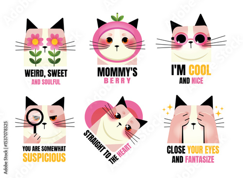 Cute and quirky vector illustration set featuring expressive cats with playful accessories and captions, showcasing different moods and personalities in a colorful, modern style.