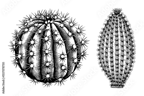 Vector Detailed illustrations of a barrel cactus and a cholla cactus showcase desert flora.