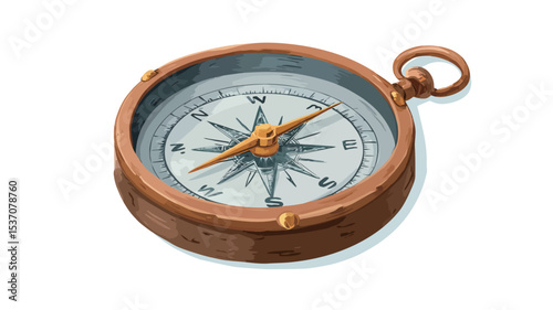 A digital illustration of an antique compass. The compass is round with a brass or bronze colored casing showing signs of age and wear. The compass face is white with a traditional rose design