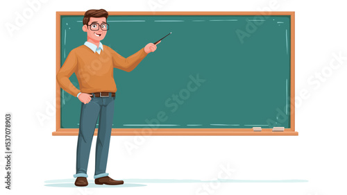 Illustration of a male teacher standing in front of a large blank, teal-green chalkboard.  He is wearing glasses, an orange sweater, blue pants, and brown shoes. He is pointing at the chalkboard