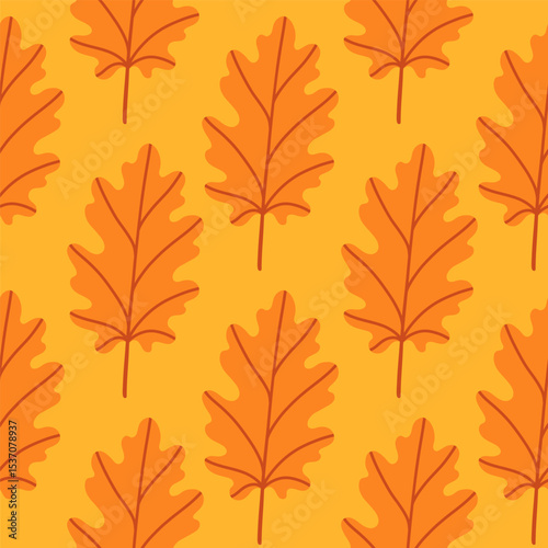 Simple abstract floral seamless pattern with colorful autumn leaves in orange. The leaves are arranged in rows on a yellow background, cozy fall vibe. Hand drawn botanical leaves.