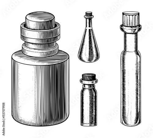 Vector Vintage glass containers with cork stoppers .