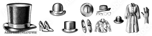 Vector Vintage attire collection featuring hats shoes and a robe rendered as detailed engravings.