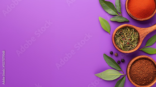 spices and herbs on purple background