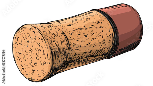 A detailed close-up illustration of a champagne cork with a red top. The cork is depicted in a slightly angled position, showcasing its textured surface and the contrasting color of the red top.