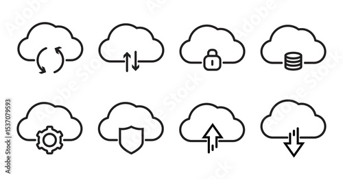 Set of vector solid icons related to cloud computing technology and web file storage. Symbols for website or app ui, logo design, illustration