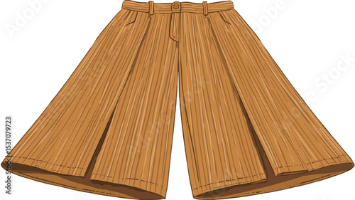 A digital illustration of a pair of mustard yellow culottes. The culottes are pleated and have a wide leg. The illustration is a flat lay on a white background, showing the garment from the front.