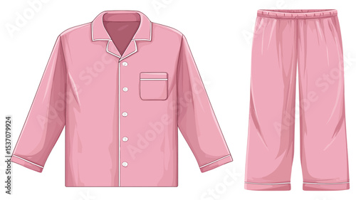 The image shows a digital illustration of a pink pajama set. The set includes a long-sleeved shirt with a collared neckline and a chest pocket, and matching long pants with an elastic waistband.