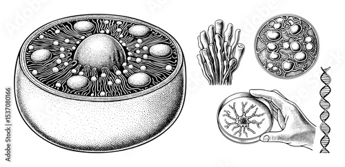Vector Detailed biological illustrations depict cellular structures chromosomes and microscopic organisms.