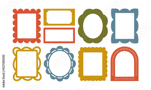 Vector illustration featuring a diverse collection of decorative frames in various shapes and playful styles, rectangles, squares, ovals, and arched frames with whimsical borders, easily editable.