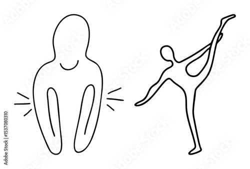 Vector Human figure experiencing discomfort and a person practicing yoga pose.