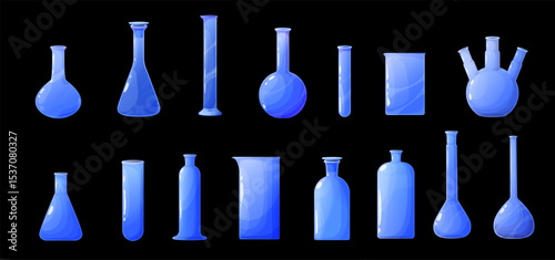 Vector illustration of empty laboratory glassware including flasks, bottles, beakers, and test tubes. Clean, minimal look — ideal for chemistry, science education, UI elements, or medical projects.