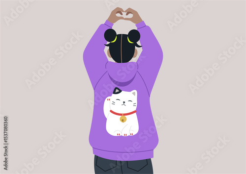 A joyful Japanese person forms a heart shape with their hands, wearing a vibrant hoodie adorned with a charming Maneki Neko design, symbolizing positivity and good fortune